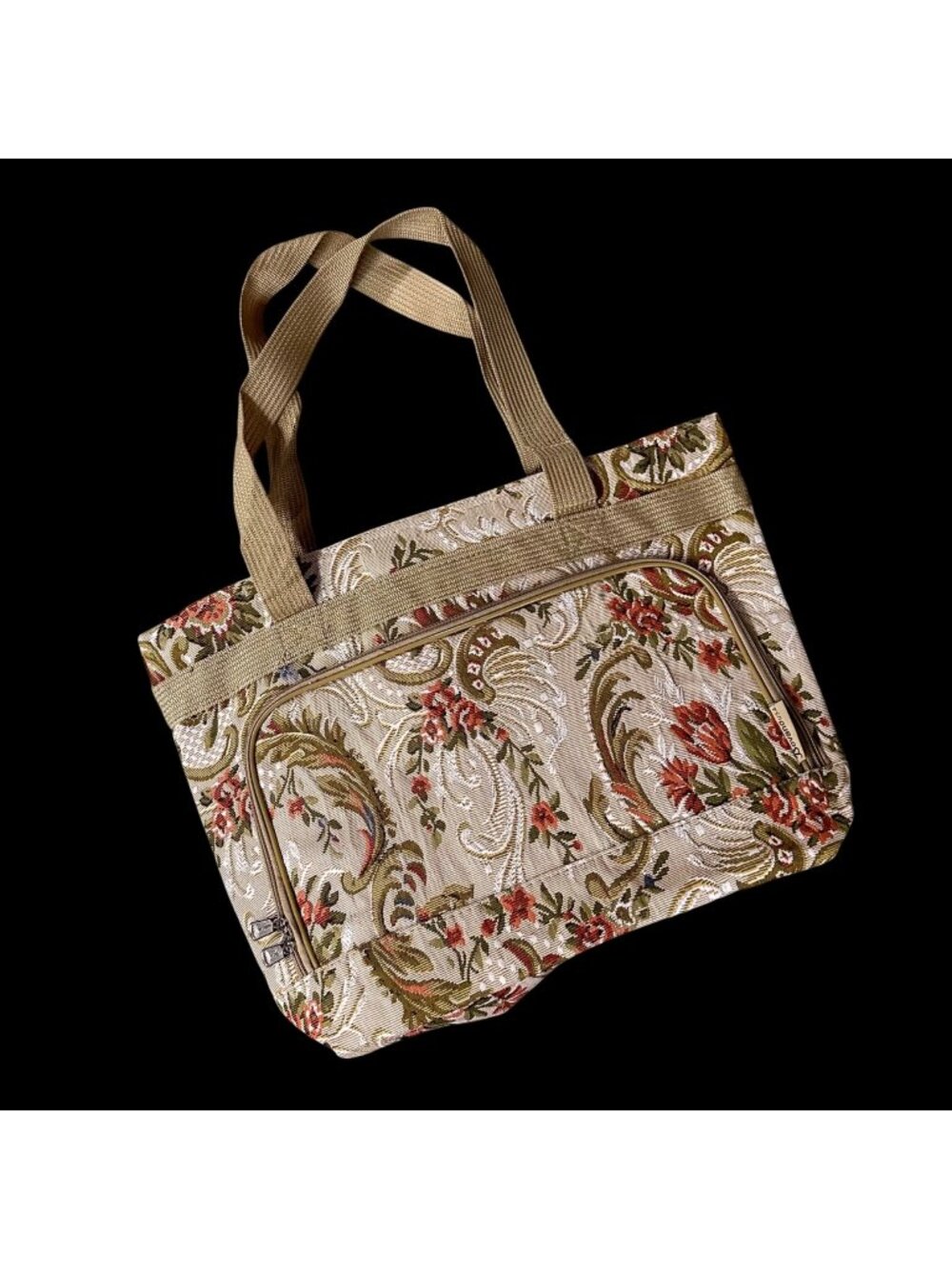 Vintage Floral Tapestry Tote Bag Orange Beige Rose Flowers Travel Bovano USA